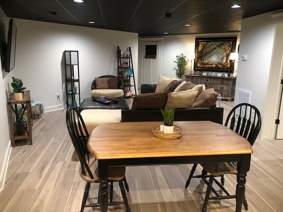 View from kitchen of dining area and living room.