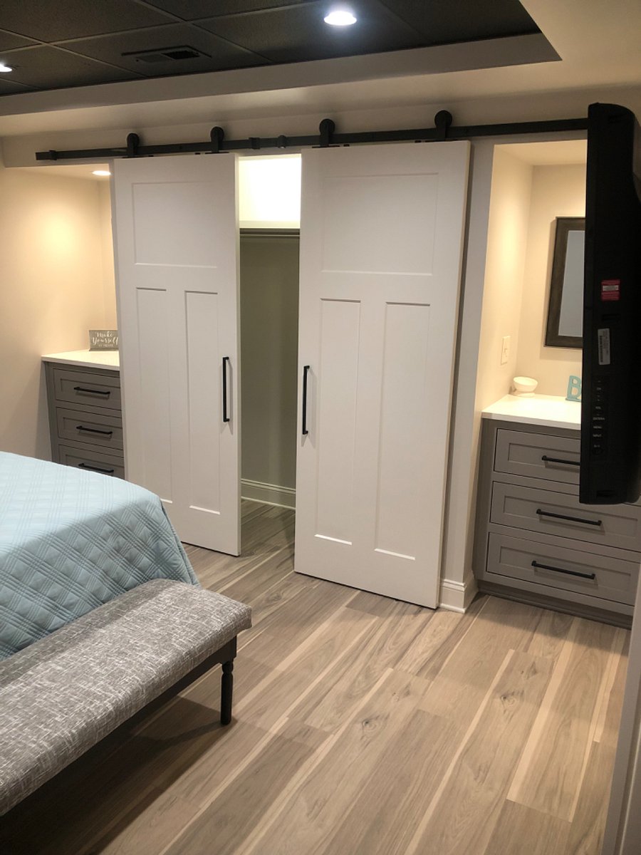 Front bedroom closet with barn doors.