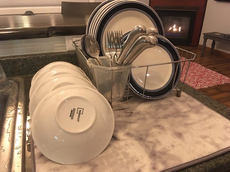 6 place settings plus a full arsenal of kitchen utensils, small appliances, cleaning supplies, and more.