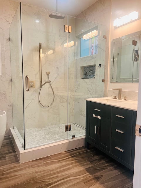 Master bathroom double vanity and rain shower