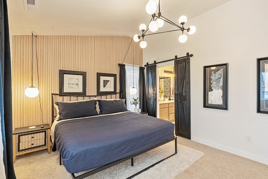 Bedroom #2 (Master) - Acoustic wood paneling accent wall. 