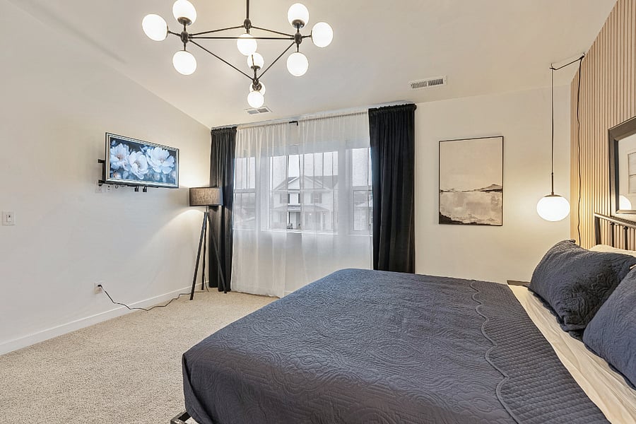 Bedroom #2 (Master) - Smart TV and window blackout shades with blackout curtains. 