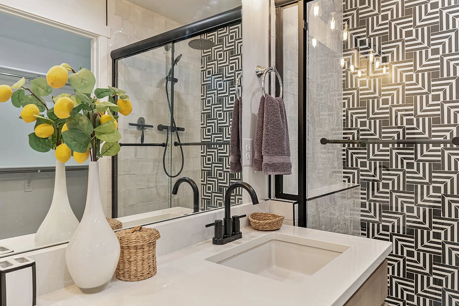 Bathroom #1 (Master) - Designer tiled shower with rainfall showerhead and handheld showerhead. 