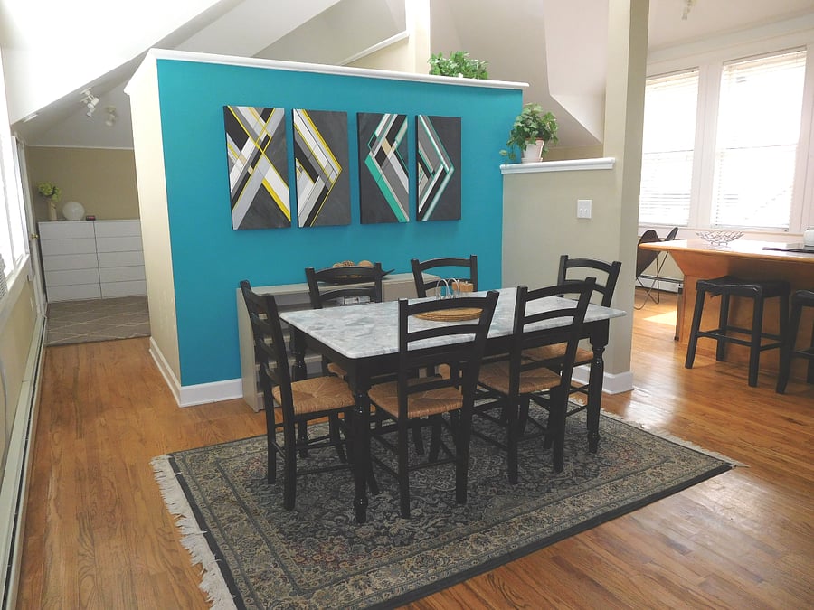 Marble topped dining table seats six. Also a great space for working
