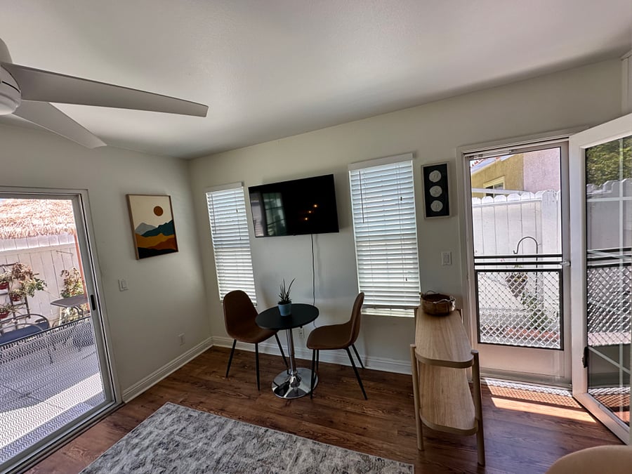 To the right entry way, in the middle breakfast nook, to the left sliding door to get to the patio.
