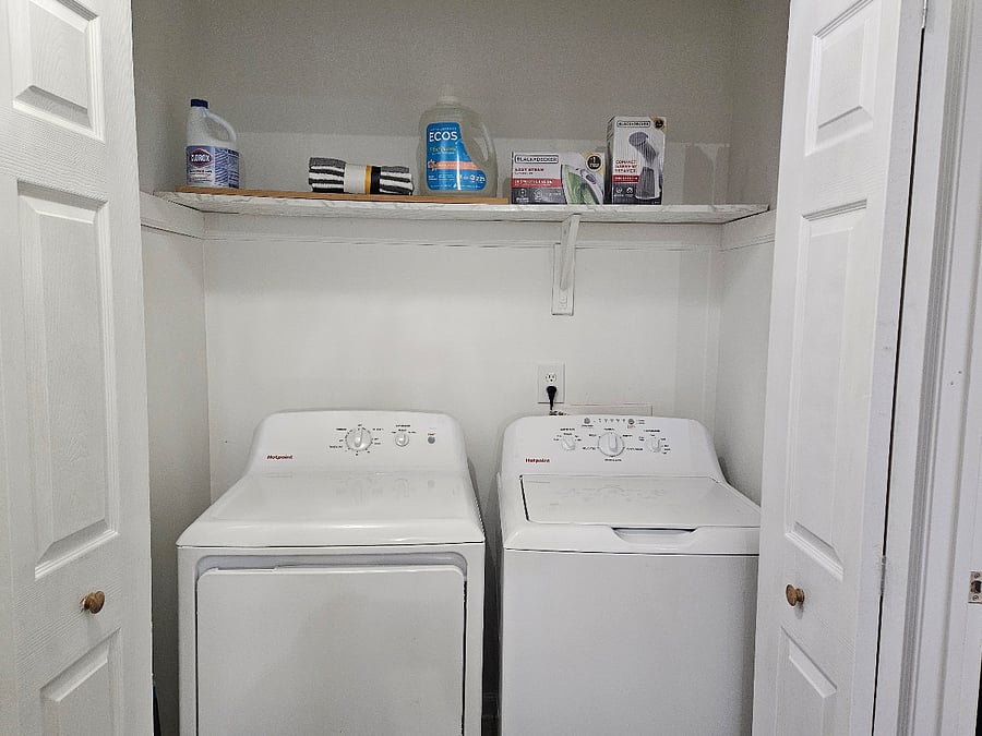 Washer and dryer. Extra linen, iron, and steamer.