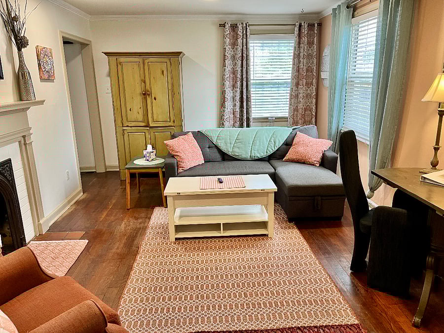L-Couch opens to full sofabed. Coffeetable not only lifts up, but also unfolds to a square for extra surface space.