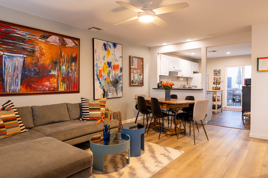 Great room with velvet, West Elm, L-shaped sofa. 