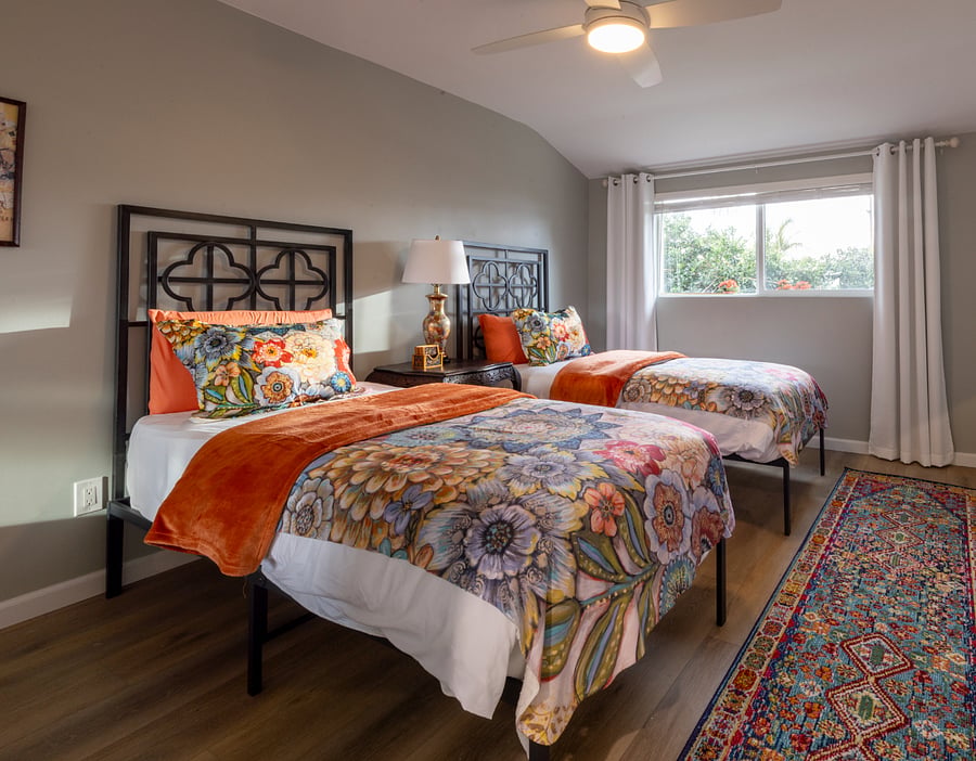 These twin beds can be converted to a comfortable king-size bed.