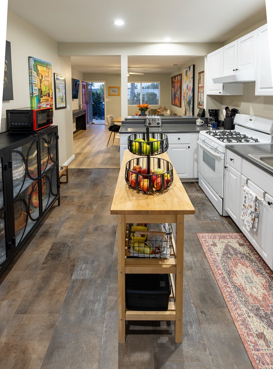 Kitchen. Cooks can watch TV while prepping food.


