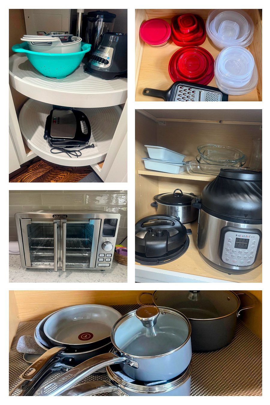 The kitchen small appliances include a waffle/sandwich iron, blender, Kuerig Duo coffeemaker, Gourmia air fryer/toasteroven, crockpot, and lots of bakeware.