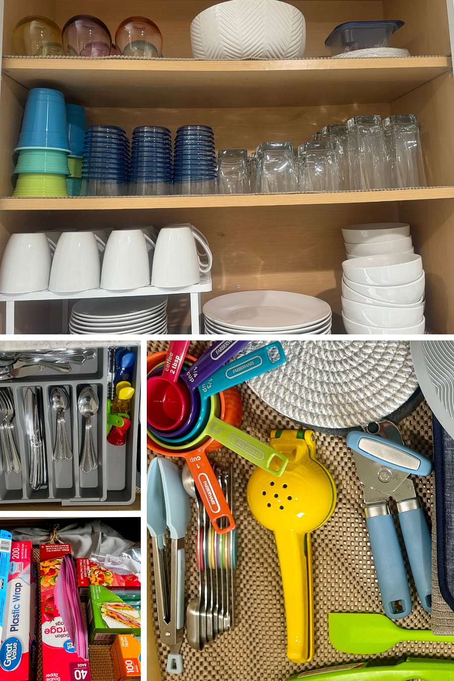 The kitchen has plenty of dishes, plastic and glassware, silverware, kitchen gadgets, and more!