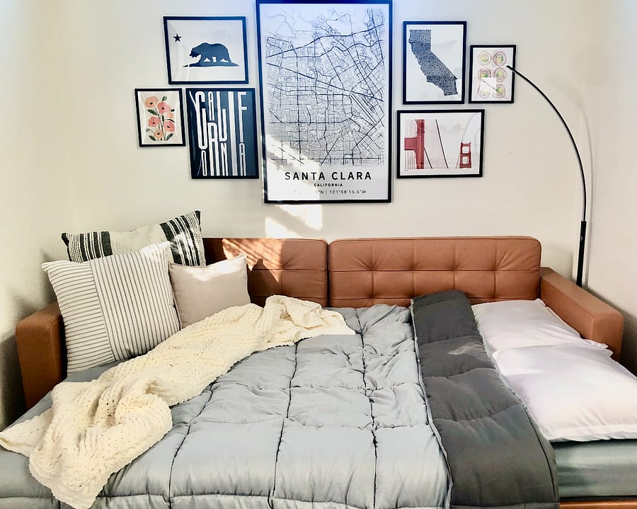Couch opens into full-size bed with storage underneath. 4" memory foam topper is available for added comfort.