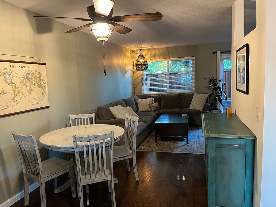 Dedicated dining area and living room.