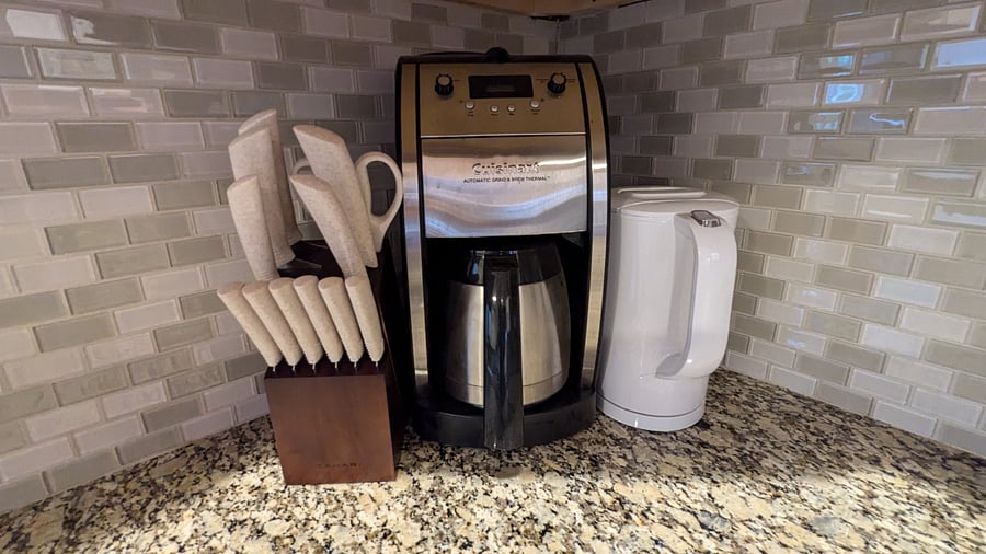 Coffee, knives, tea kettle.