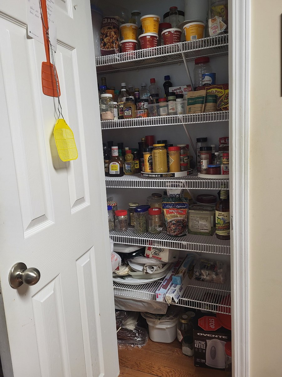Full pantry: seasonings, sauces, olive oil, vinegar, rice, mashed potatoes, pasta, teas, coffee, flour, zip-lock, plastic bags. can foods, etc. 