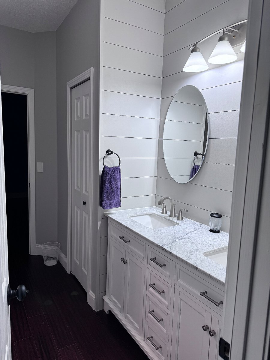 Dual vanity, linen closet, plenty of storage.