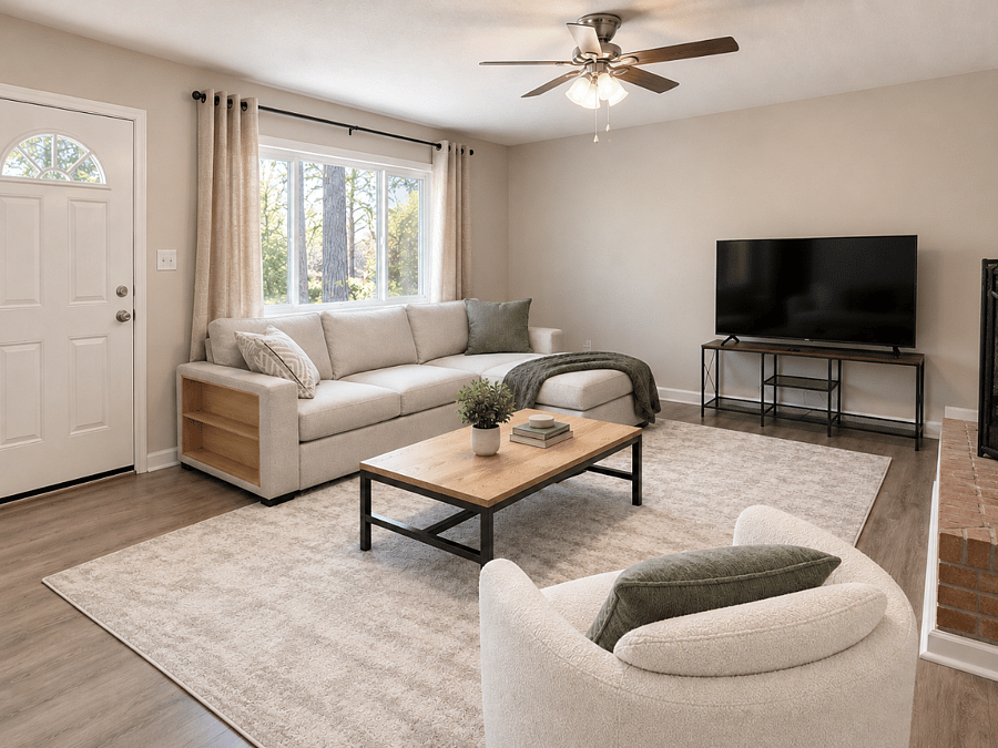 Relaxing, cozy living room. 50" smart TV and a comfy couch with built-in charging ports for USB and USB-C.