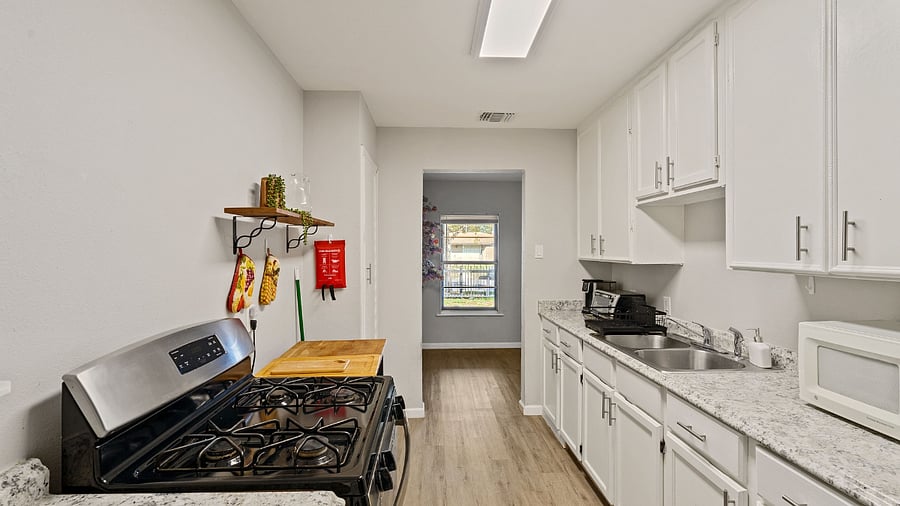 gas stove, microwave, toaster oven, and Keurig like coffee maker