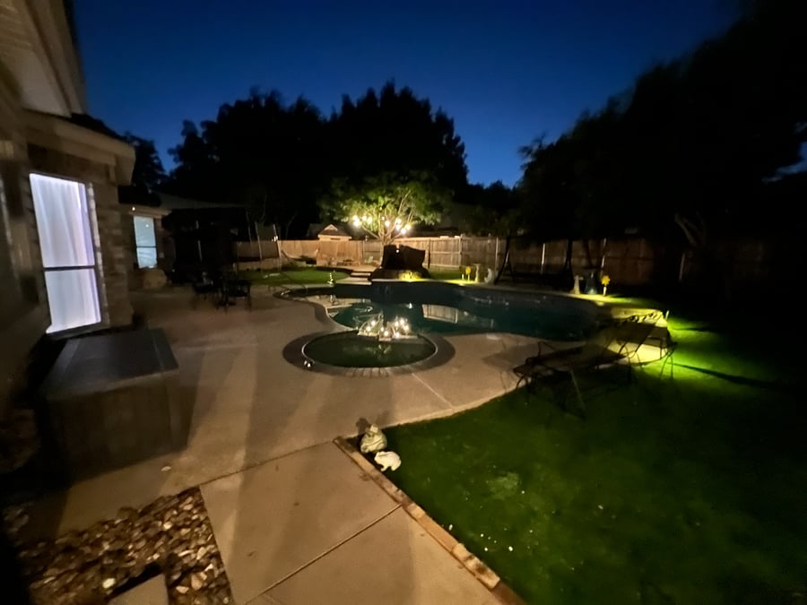 View when walking in at night. That is your room on the left.