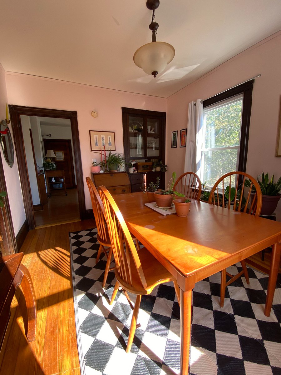 Secretary desk and built in with record player, fun records, and other quirky do-dads.
