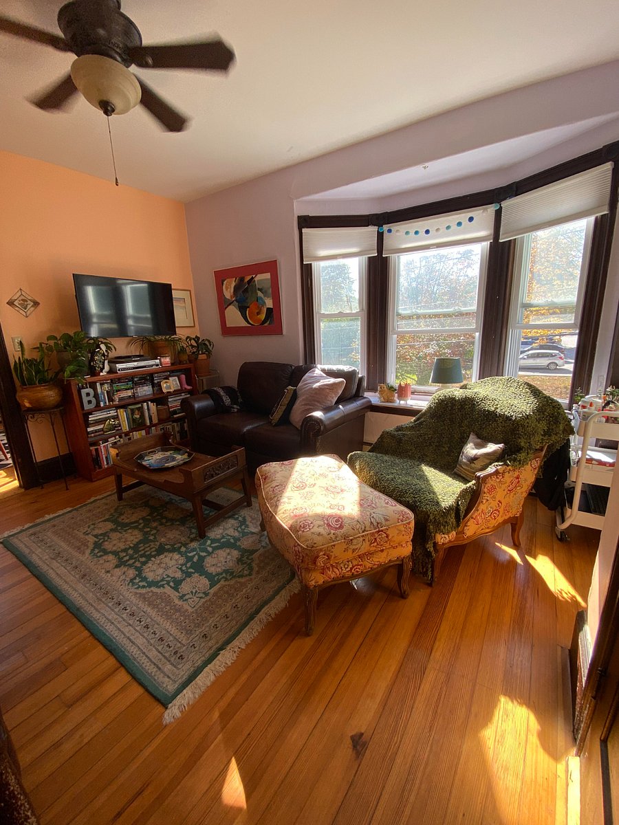 Cozy shared living room with large windows, Smart tv, VHS/DVD combo (yes sir). Plus that tv swivels.