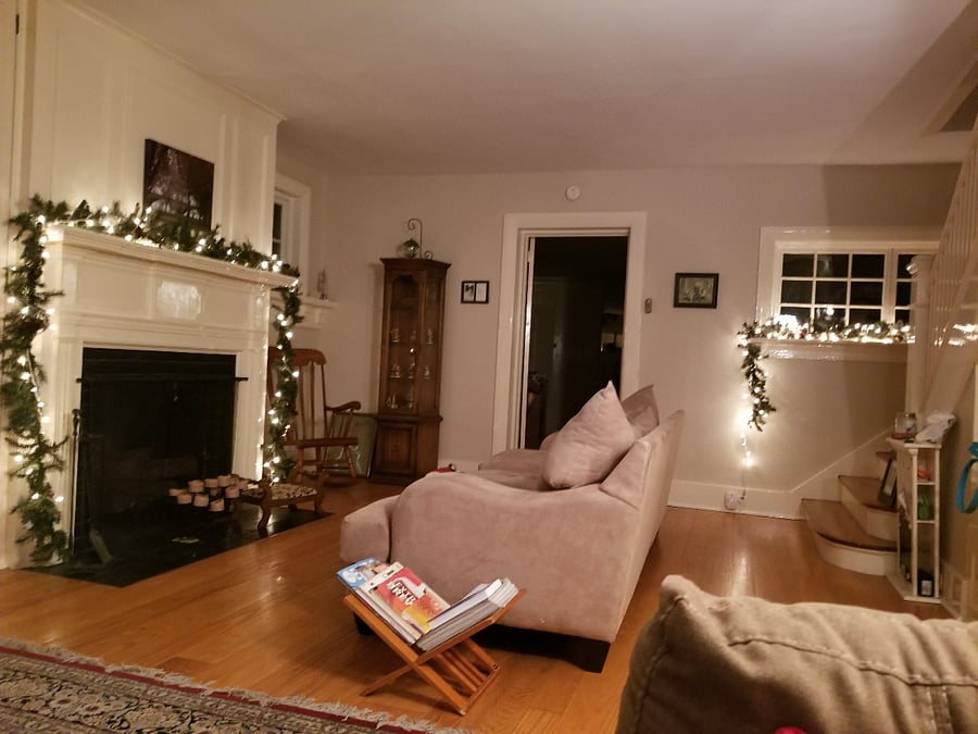 Living room (common area) - back - door to dining room.(decorated for holidays)