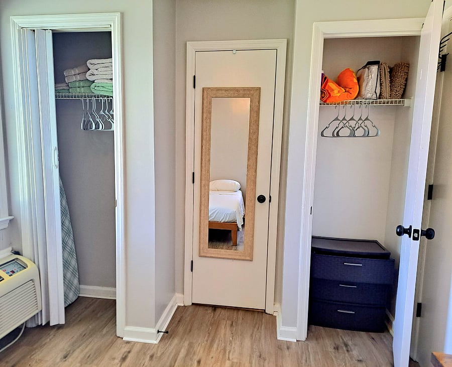 Two Closets with Drawer Space, Complimentary Pool Towel, and Hangers