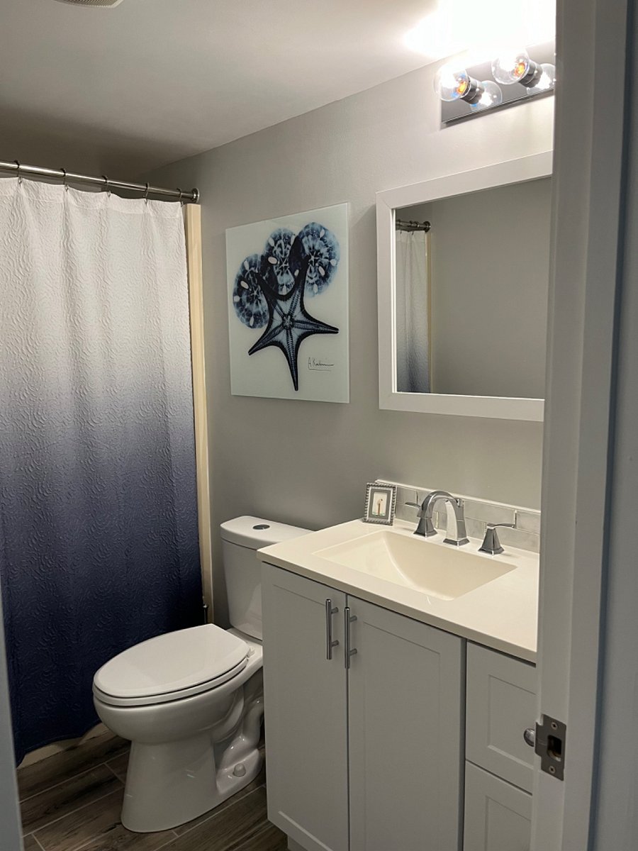 The bathroom has been renovated and includes a tub/shower combo.