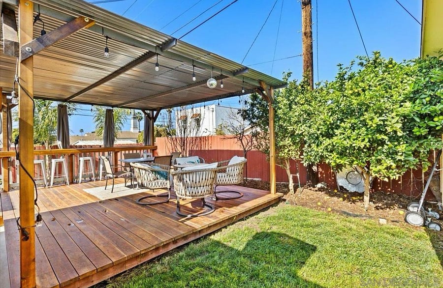 Shared large backyard with covered patio.