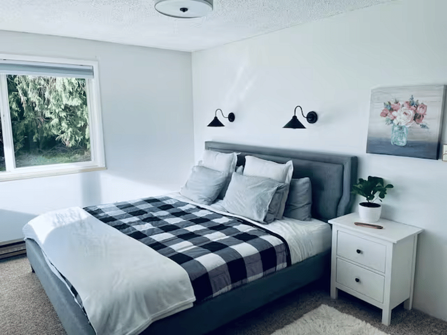 King Room with bamboo memory foam mattress + remote shades + flatscreen tv and Apple TV.