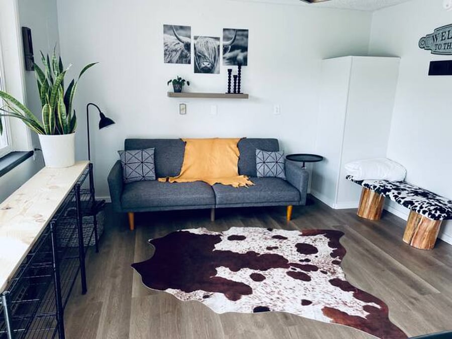 Welcoming farmhouse entry. Couch folds out to full size bed.