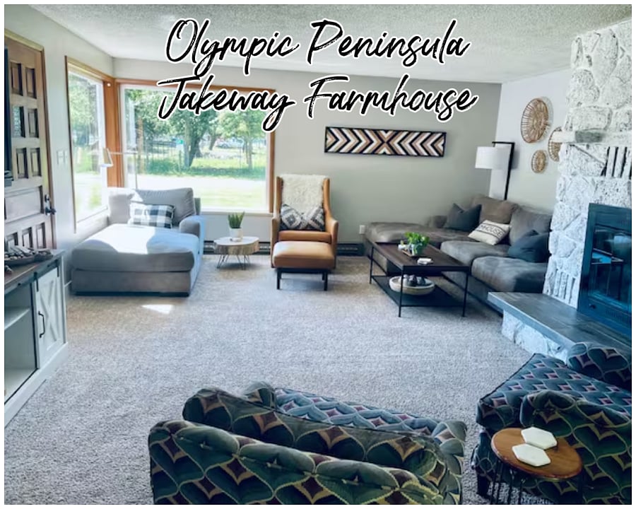 Large, sun-soaked living room with views of the orchard, cows and Olympic Mountains.
It also features a large flat screen TV, equipped with Apple TV.