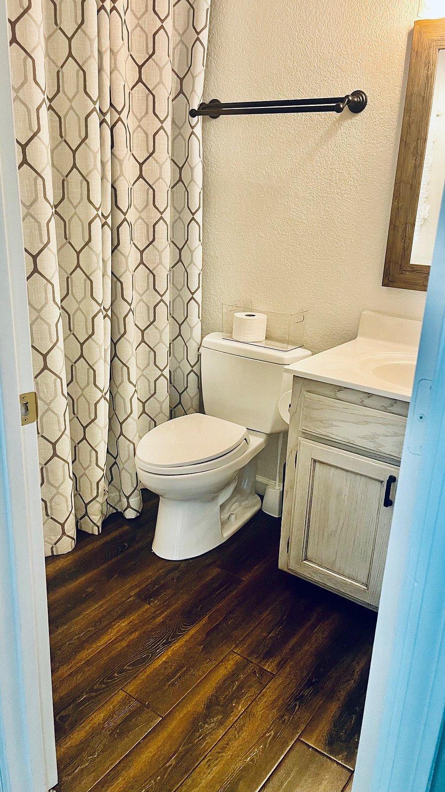 Full bath. Sink, toilet, bath and shower.