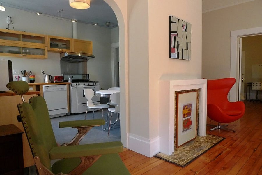 Living room and view into the kitchen