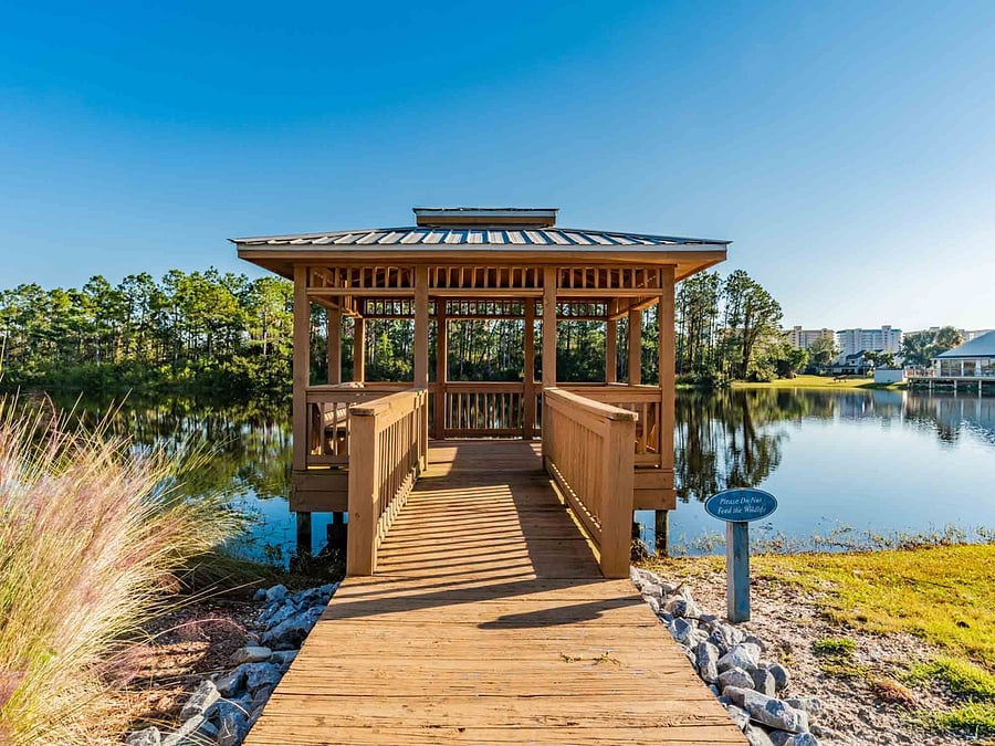 Gazebo on lake.
