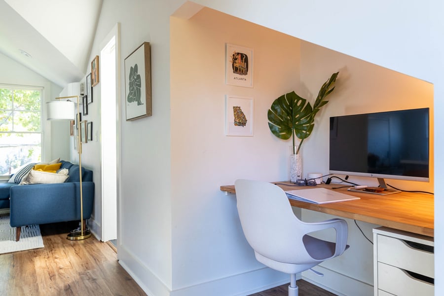 Dedicated workspace with an external monitor and cables to connect your laptop