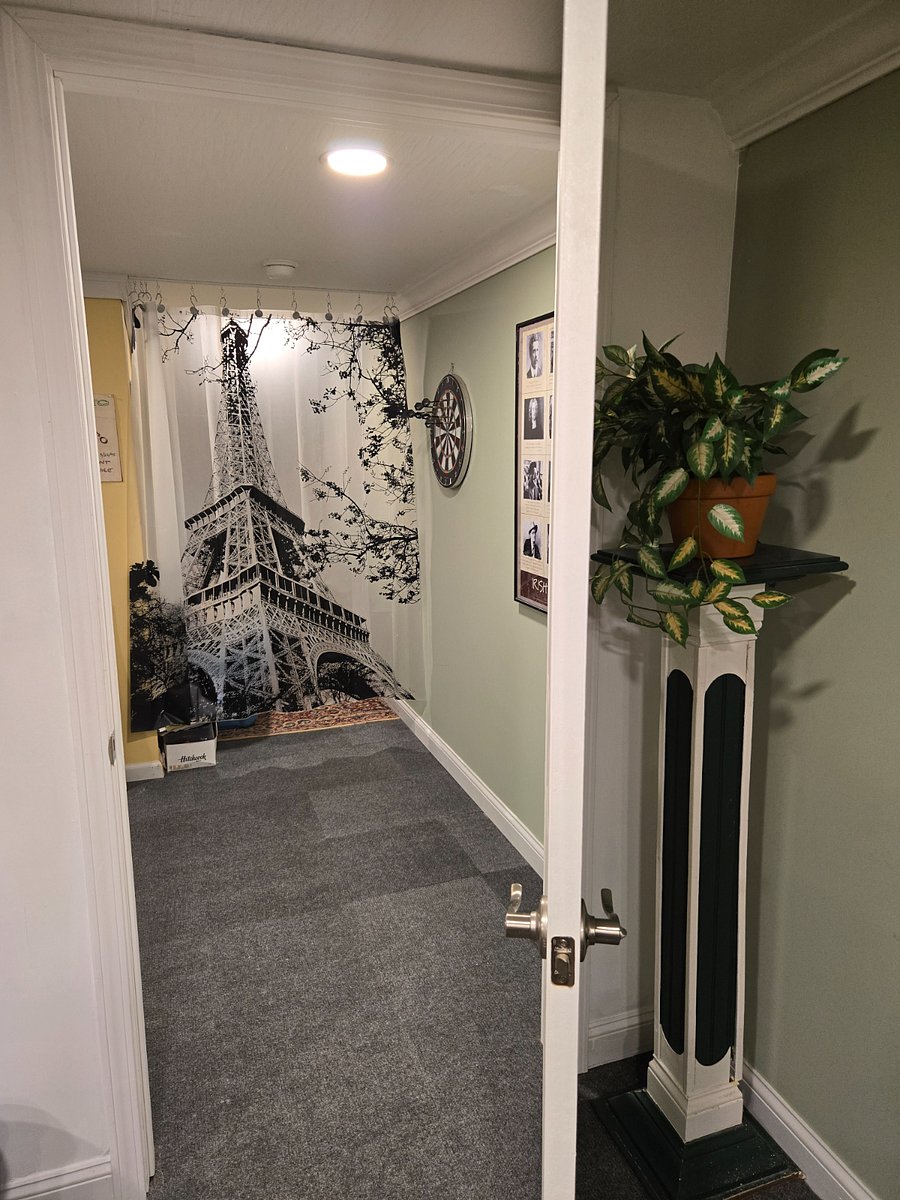 Looking out the room door.