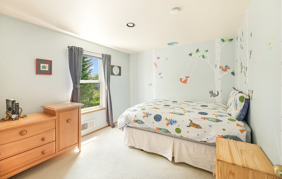 bright east facing room with built in shelving in closet. the walls have removable decal stickers