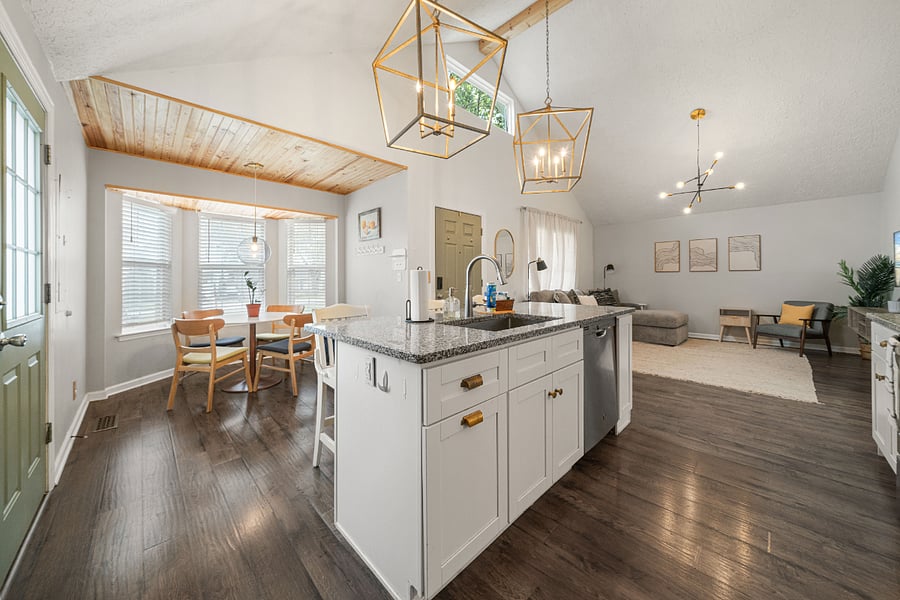 Open Kitchen and Living Space. Beautiful Vaulted ceilings.