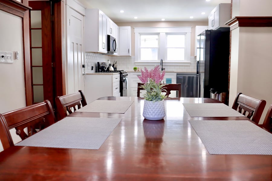 Open concept with a dining table seats 6