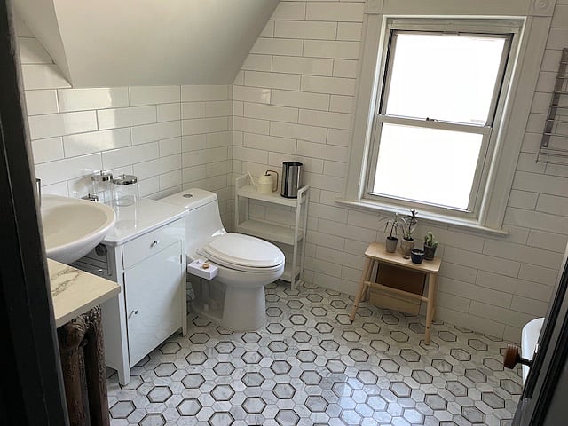 Sunny deluxe large marble bathroom.