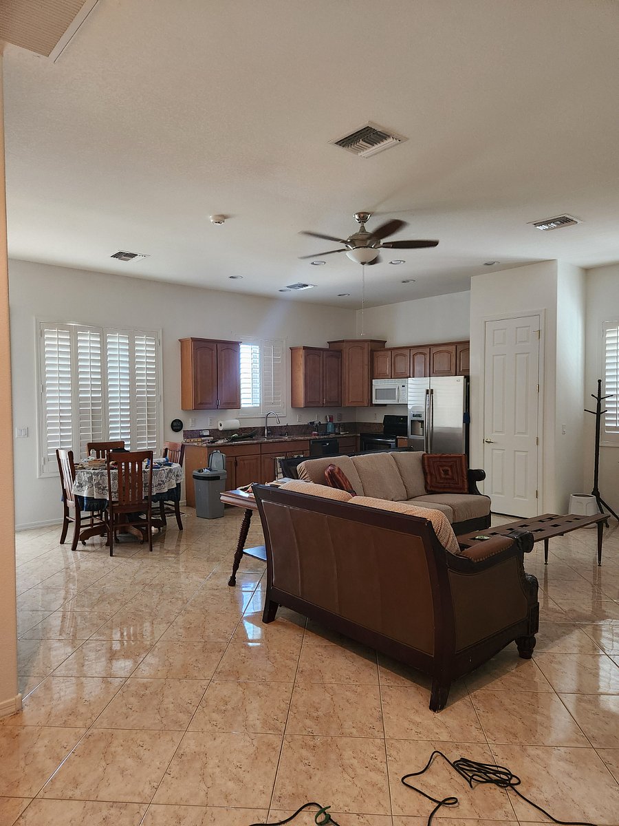 Living room, dining area and kitchen