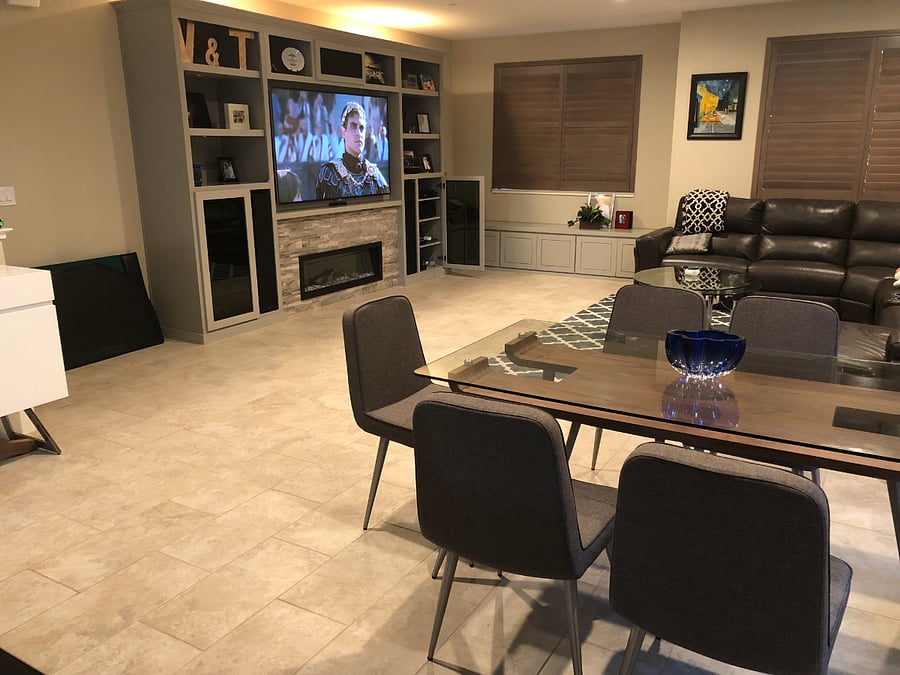Spacious sitting area with built in electric fireplace
