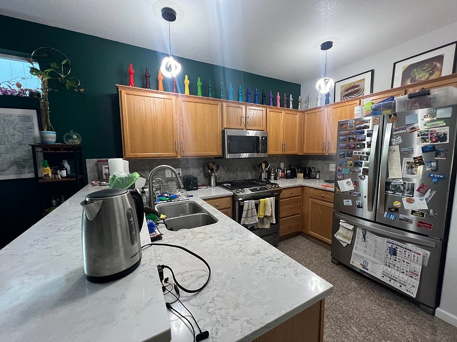 Kitchen with fridge, gas stove, microwave, dishwasher (next to the sink), fully stocked, space for additional food storage in pantry