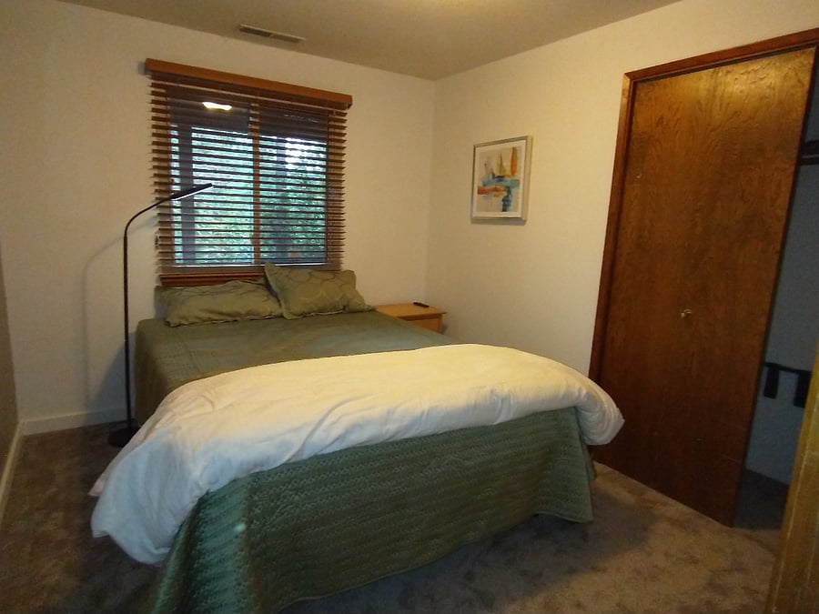 Guest bedroom show large closet.
