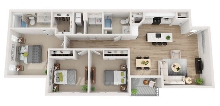 Left: King bed master suite.
Center: Queen size bunkbeds.
Right: Queen sleigh bed.