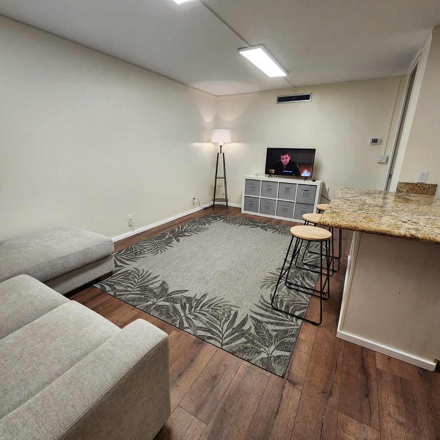 Spacious living room with comfortable chaise couch and large smart TV.