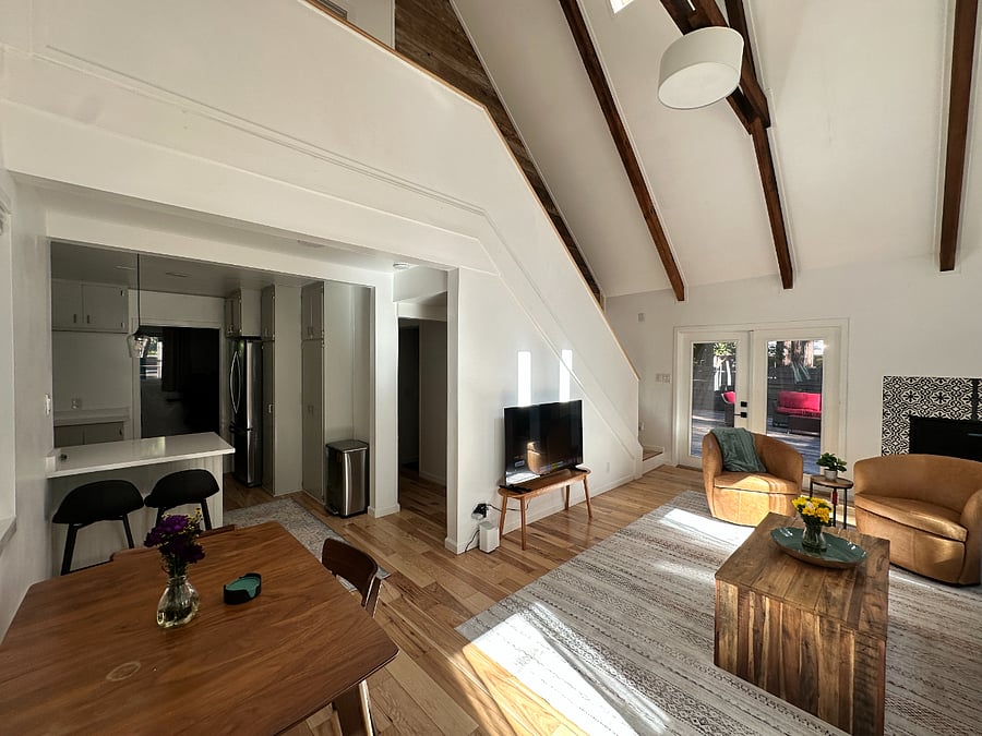Living room with vaulted ceilings and gas fireplace