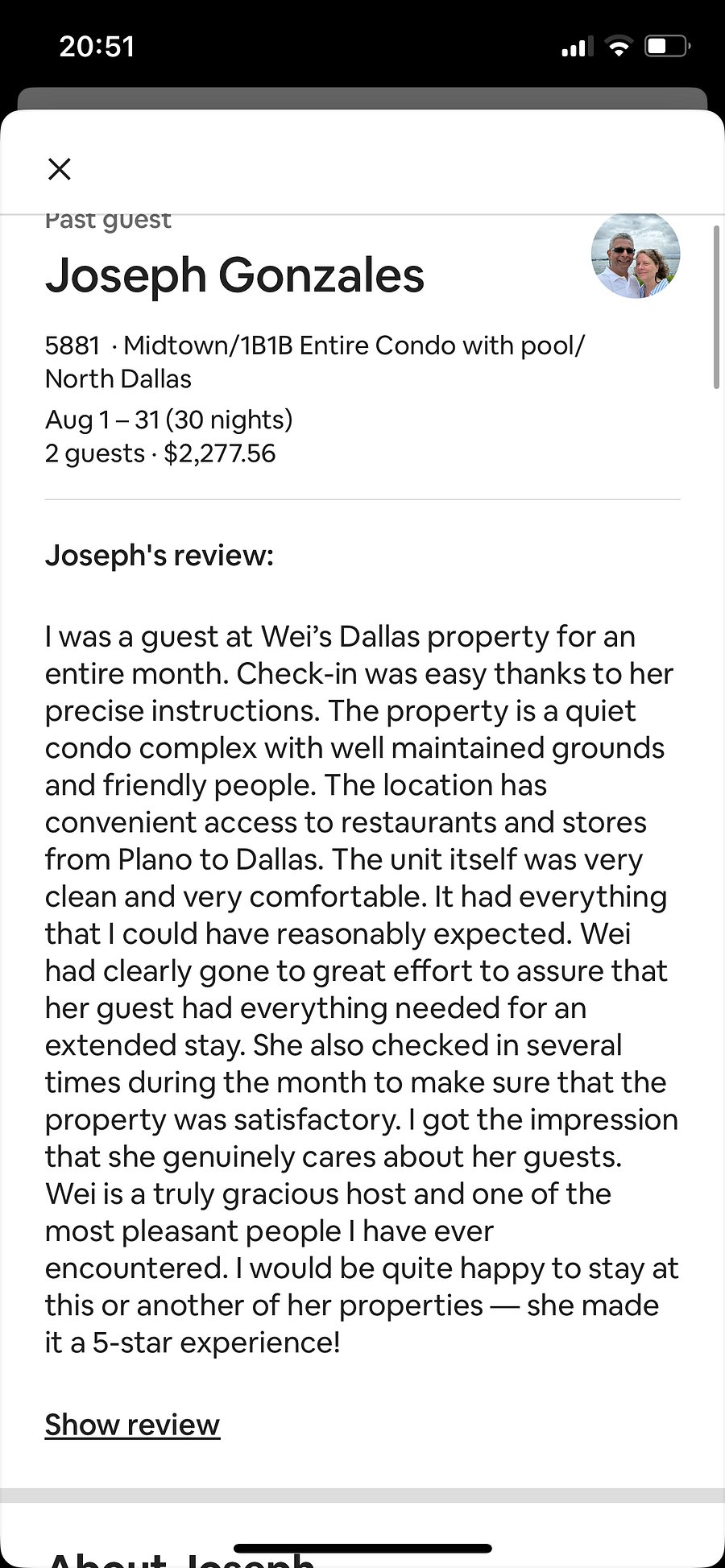A recent review of this unit from airbnb.
